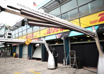 MELBOURNE, AUSTRALIA - MARCH 13: A general view outside the garage of Lewis Hamilton of Great Britain and Mercedes GP before practice for the F1 Grand Prix of Australia at Melbourne Grand Prix Circuit on March 13, 2020 in Melbourne, Australia. (Photo by Bryn Lennon - Formula 1/Formula 1 via Getty Images)