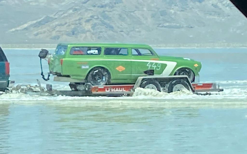 Bonneville Salt Flats car on trailer flooded