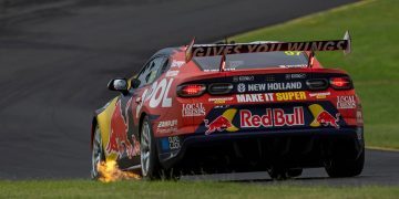 Shane van Gisbergen's Gen3 Chevrolet Camaro Supercar spitting flames