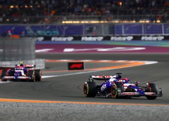 LUSAIL CITY, QATAR - NOVEMBER 30: Liam Lawson of New Zealand driving the (30) Visa Cash App RB VCARB 01 leads Yuki Tsunoda of Japan driving the (22) Visa Cash App RB VCARB 01 on track during the Sprint ahead of the F1 Grand Prix of Qatar at Lusail International Circuit on November 30, 2024 in Lusail City, Qatar. (Photo by Peter Fox/Getty Images) // Getty Images / Red Bull Content Pool // SI202411300302 // Usage for editorial use only //